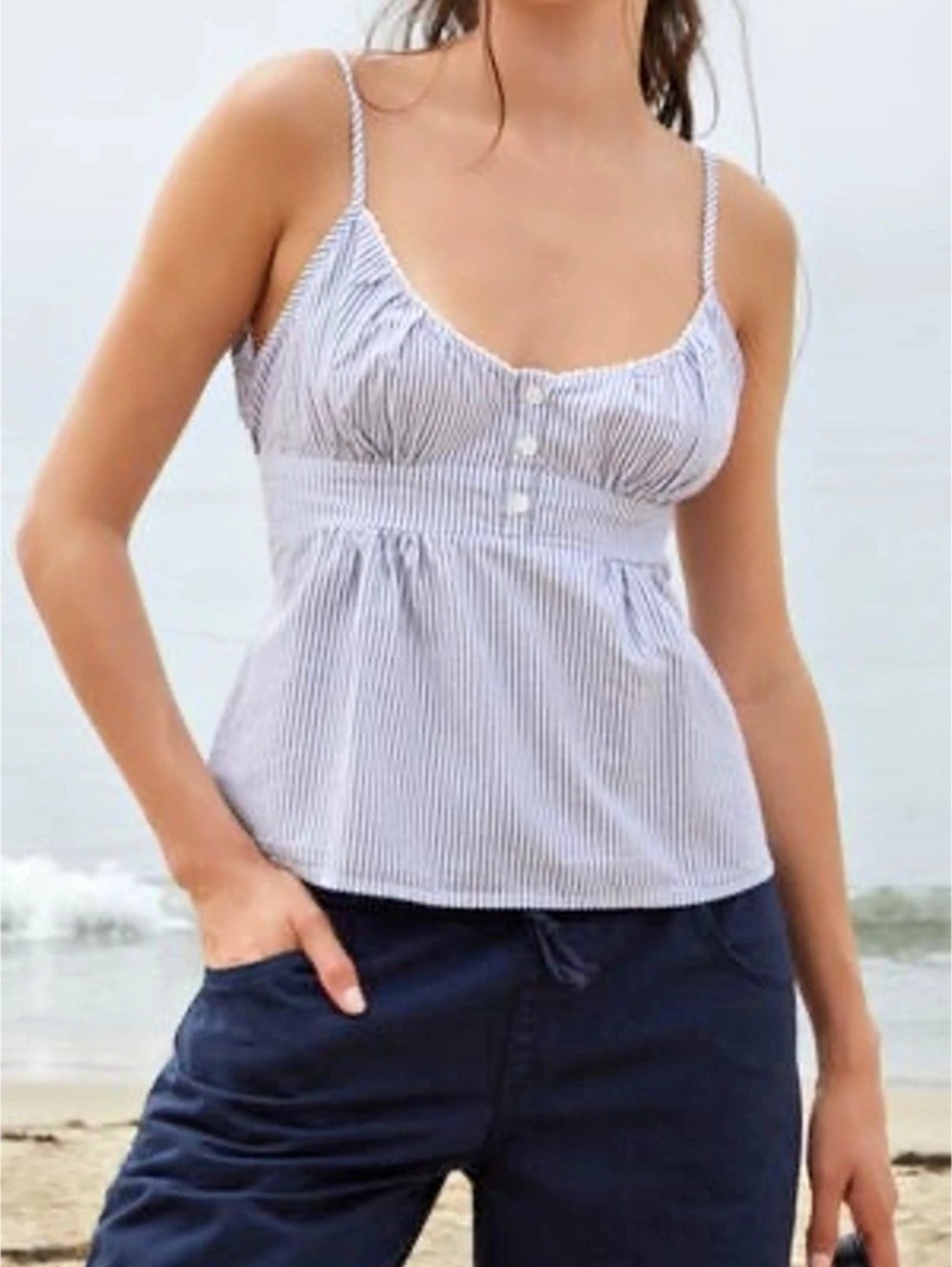 Brandy Melville Blue and White Striped Tie-Back Cami Top
